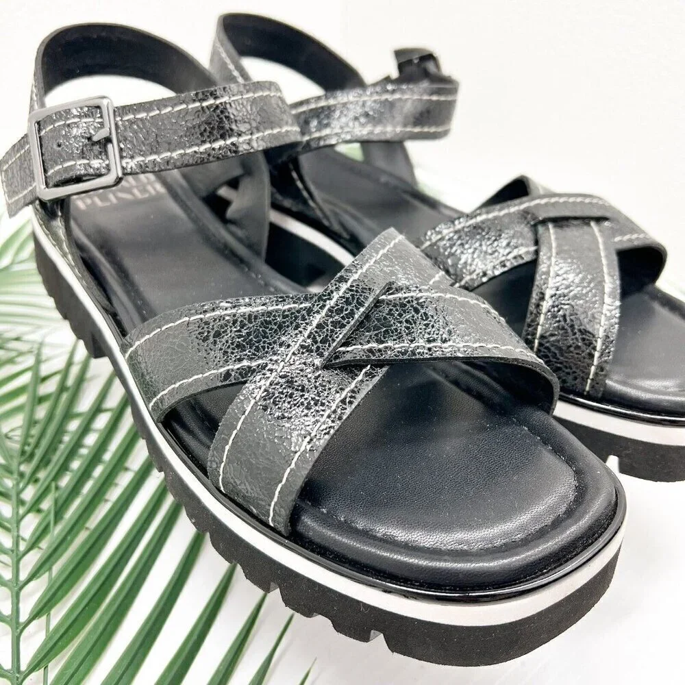 Donald Pliner Black Pyper Pebbled Metallic Leather Strappy Sandals Size 9.5 NWB